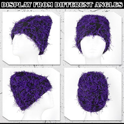 Chuarry Distressed Knitted Beanie Fuzzy Winter Hat - color: Assorted Purple Black