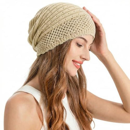 ZLYC Crochet Slouchy Beanie for Women Soft Lightweight Skull Cap - color: Plain Beige