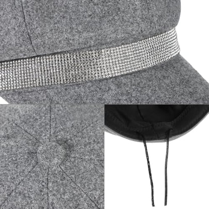 Women Rhinestone Hat Band Newsboy Hat Cabbie Baker boy Hat Beret Cap - color: Grey