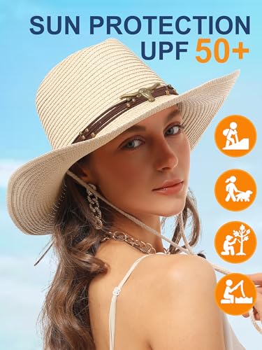 Straw Cowboy Sun Hat Western Cowgirl Women Men with Windproof Chin Strap - color: 베이지.