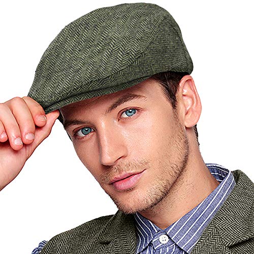 Herringbone Flat Ivy Newsboy Cap for Men 1920s Wool Blend Tweed Cabbie Hat - color: 004 Green, size: Small-Medium