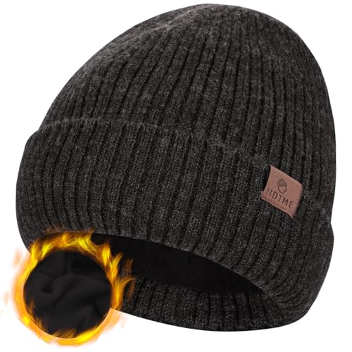 ZTL Merino Wool Beanie Hat for Men Women, Thick Warm Fleece Lined Knit Winter Hats Cuffed Beanie Stocking Hat Ski Skull Cap - color: Black Grey Mix