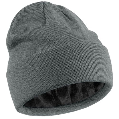 Fleece Lined Wool Beanie Hat Men Women, Warm Cuffed Winter Cap - color: Light Gray