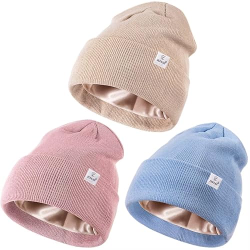 3 Pack Satin Lined Winter Beanie Hats for Women Men,Silk Lined Womens Beanies Knit Soft Warm Cuffed Hat - color: Pink+blue+beige