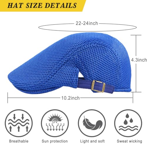 Xinveen Men's Mesh Cap Breathable Summer Newsboy Hat Adjustable Beret Ivy Cap Irish Cabbie Driving Hunting Hats - color: Royal Blue