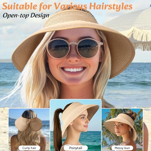 NPQQUAN Sun Visor Hats for Women Wide Brim Ponytail Straw Beach Hat - color: (Blue))