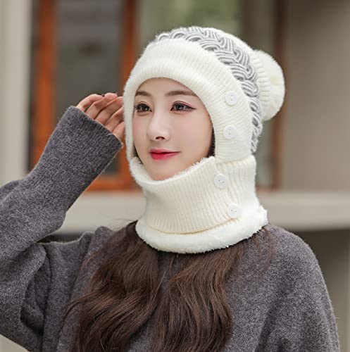 HUAMULAN Women Winter Knit Balaclava Fleece Lined Hooded Beanie Hats - color: Cream White, size: One Size