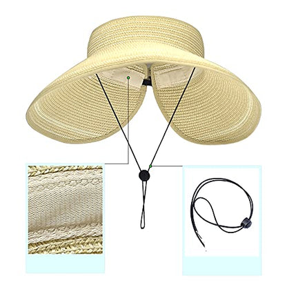Women Sun Visors Foldable Straw Hats Summer Beach Packable Hat Floppy Wide Brim Cap Deep Style, Adjustable Size - color: Beige New