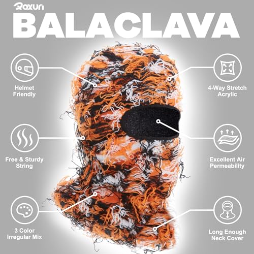 ROXUN Distressed Ski Mask Balaclava, Yeat Shiesty Fluffy Knitted Full Face - color: 01- Orange Mixed