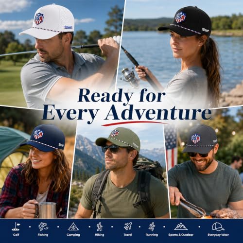 Patriotic Golf Rope Hat for Men, 5 Panel Adjustable Snapback Outdoor Cap - color: Olive Green