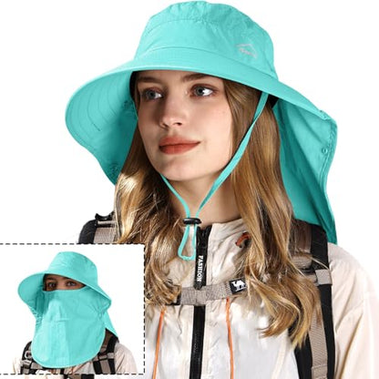 Rosoz Sun Hat for Men Women with Neck Flap& Removable Face Cover Wide Brim - color: 1pack-aqua