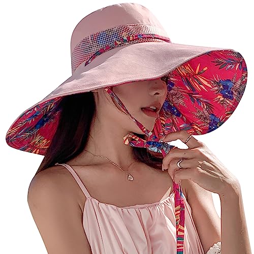 HUAMULAN Wide Brim Women Summer Sun Floppy Hat Reversible Beach Bucket Hat - color: M2446-pink