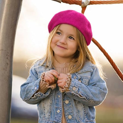 Wheebo Berets for Kids Wool French Beret Hats Artist Painter Hats for Little Girls Boys Solid Color Style - color: Hot Pink