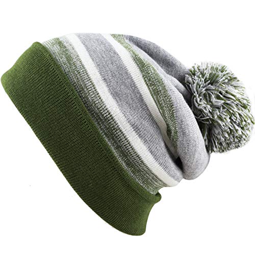Winter Knit Beanie Hat with Pom Pom – Warm Cuffed Slouch Ski Cap for Men & Women - color: 1.olive and Grey With Pom