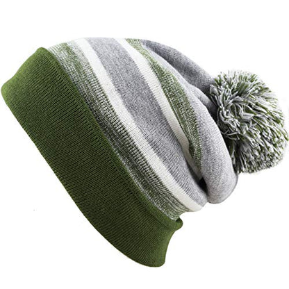 Winter Knit Beanie Hat with Pom Pom – Warm Cuffed Slouch Ski Cap for Men & Women - color: 1.olive and Grey With Pom