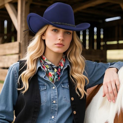 DRESHOW Western Cowboy Hat for Men Women Cowboy Cowgirl Hat Outdoor Wide Brim Retro Felt Fedora Hats Unisex Rolled up Caps - color: 1 Pack Style 9: Navy Blue With Braided Band