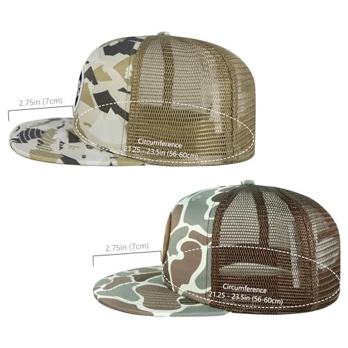 BASSDASH 2 Pack Flat Brim Trucker Cap Adjustable Snapback Hat Mesh Back for Men Women Fishing Hunting - color: Pack of 2, Mountain Camo & Color Block Camo