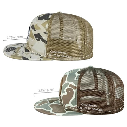 BASSDASH 2 Pack Flat Brim Trucker Cap Adjustable Snapback Hat Mesh Back for Men Women Fishing Hunting - color: Pack of 2, Mountain Camo & Color Block Camo
