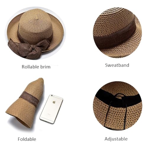 Women Straw Sun Hats Wide Brim Ribbons Roll Up Bucket UPF 50+ Foldable Floppy Sun Hat with Strap UV Protection Summer Beach - color: Khaki