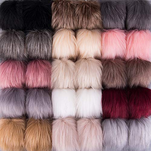 SIQUK 30 Pieces Faux Fur Pom Pom Balls DIY Faux Fox Fur Fluffy Pom Pom with Elastic Loop for Hats Keychains Scarves Gloves Bags Accessories(15 Colors, 2 Pcs for Each Color) - color: Tender color