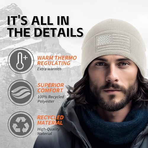 OUTDOOR SHAPING American Flag Fleece Beanie with Embroidered Patch Hat - color: Oatmeal