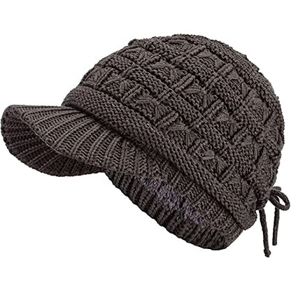 BYOS Womens Winter Chic Cable Warm Fleece Lined Crochet Knit Hat W/Visor Newsboy Cabbie Cap - color: Basket Woven-charcoal Gray