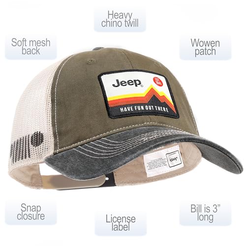 Jeep Have Fun Out There Patch Garment Washed Trucker Hat Unstructured for Men & Women - Adjustable Snapback Baseball Cap - color: Green