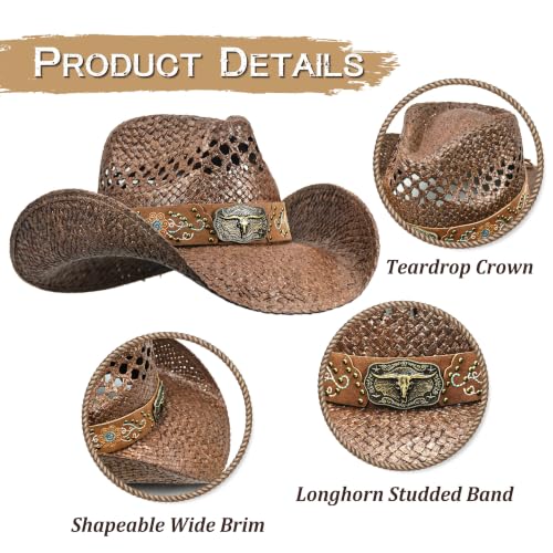 Keilin Cowboy Hats for Women and Men - Straw Teardrop Western Cowgirl Cowboy Sun Hat for Teens and Adults - color: Brown Studs Longhorn Skull