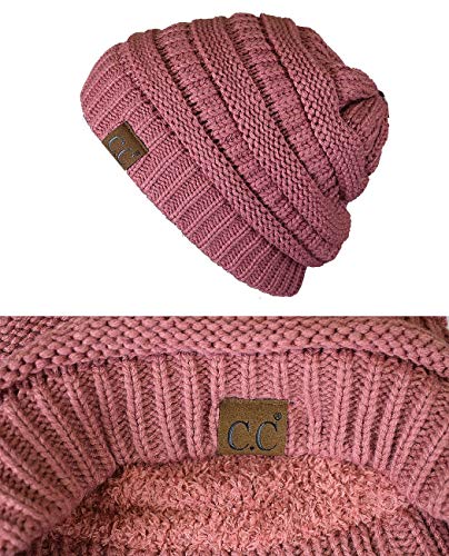 C.C Unisex Chunky Soft Stretch Cable Knit Warm Fuzzy Lined Skully Beanie - color: Mauve