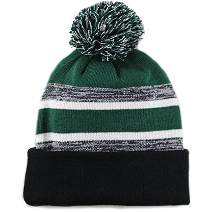 Winter Knit Beanie Hat with Pom Pom – Warm Cuffed Slouch Ski Cap for Men & Women - color: 1.black and D.green With Pom
