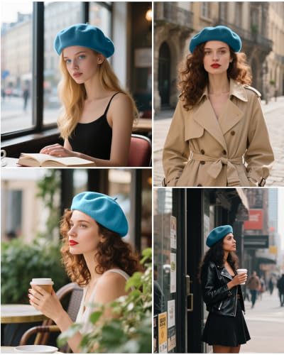 French Beret Hats for Women - Wool Solid Color Beanie Cap - color: Lake Blue