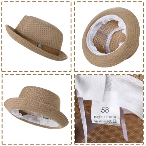 XGOPTS Unisex Summer Mesh Straw Porkpie Hat Trilby Jazz Fedora Panama Hats - color: Khaki