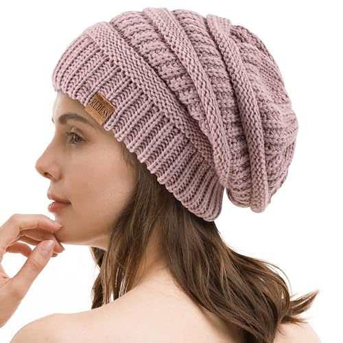 REDESS Slouchy Beanie Hat for Men and Women Winter Warm Knit Hat Chunky Soft Oversized Cable Cap - color: Light Pink