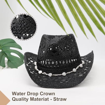 AQOKKA Straw Cowboy Hats for Women Men Western Cowgirl Hats with Shapeable Brim Woven Hollow Out Unisex Beach Roll Up Caps - color: Cowboy Hat : Dark Black B