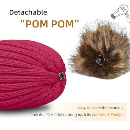ZOORON Womens Winter Knitted Beanie Hat with Faux Fur Pom Beanie Warm Knit Skull Cap Beanie for Women - color: 1rose Red