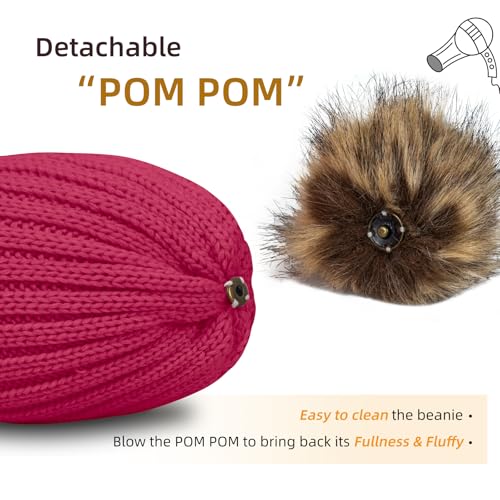 ZOORON Womens Winter Knitted Beanie Hat with Faux Fur Pom Beanie Warm Knit Skull Cap Beanie for Women - color: 1rose Red