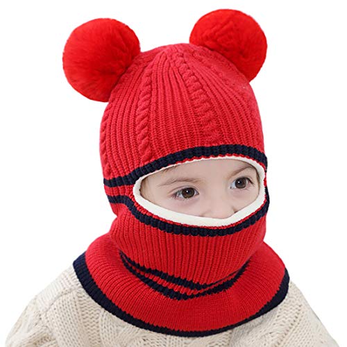 Toddler Winter Hat Baby Balaclava 2 in 1,Fleece Lined Knitted Beanie with Face Mask, Ear Flaps & Pom Pom for Boys Girls - color: Bear-red