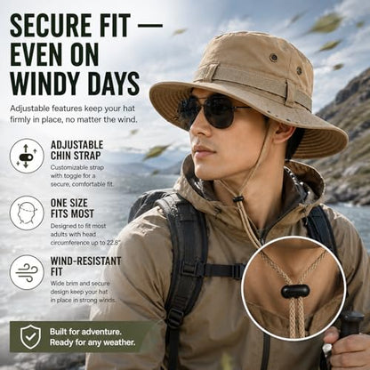 Taeku Sun Hat, Unisex Wide Brim Bucket Hat Sun Protection Cap Breathable Boonie Hat for Fishing Hiking Gardening Safari - color: Light Khaki