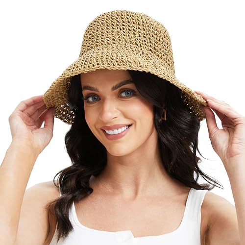 Womens Sun Hats Wide Brim Summer Beach Hat for Women Foldable Travel Straw Hat UPF50+ - color: A-khaki