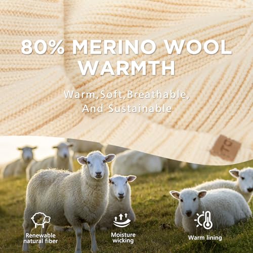 TOP-EX DryKnit™ 80% Merino Wool Waterproof Warm Brim Beanie with Ear Flaps - color: Beige, size: X-Large-XX-Large