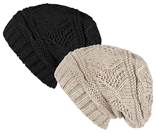 Lilax Knit Slouchy Oversized Soft Warm Winter Beanie Hat - color: Black/Beige - 2 Pack