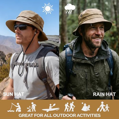 Hat Hut Mens Waterproof Bucket Rain Hat, UPF50+ Sun Hat, Wide Brim, Packable, All-Weather Outdoor Hiking Fishing Hats - color: Beige