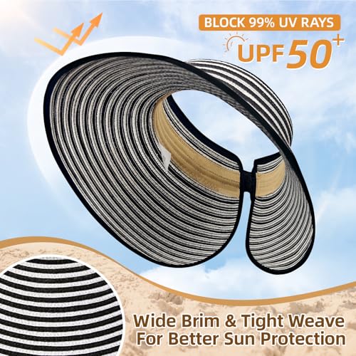 Sun Hats for Women Wide Brim Straw Sun Visors Ponytail Hat - color: Black White Stripe