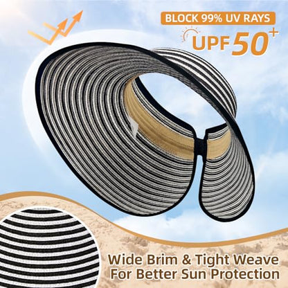 Sun Hats for Women Wide Brim Straw Sun Visors Ponytail Hat - color: Black White Stripe