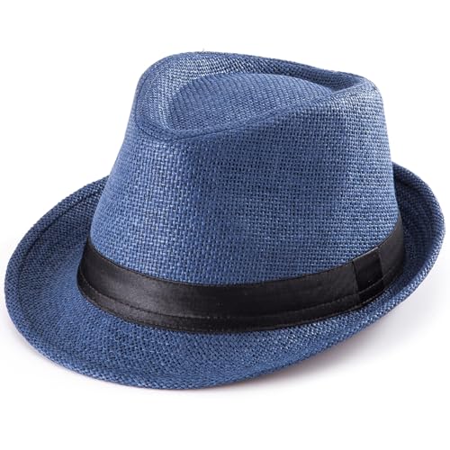 XL Straw Fedora Hats for Men Summer Trilby Beach Travel Panama Casual 7 1/2 - color: Navy