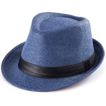 XL Straw Fedora Hats for Men Summer Trilby Beach Travel Panama Casual 7 1/2 - color: Navy