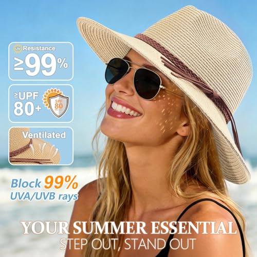 DRESHOW Women Straw Panama Hat Travel Fedora Beach Sun Hat Summer Wide Brim Straw Roll up Hat UPF 50+ - color: Straw Hat With Braided Band: Beige