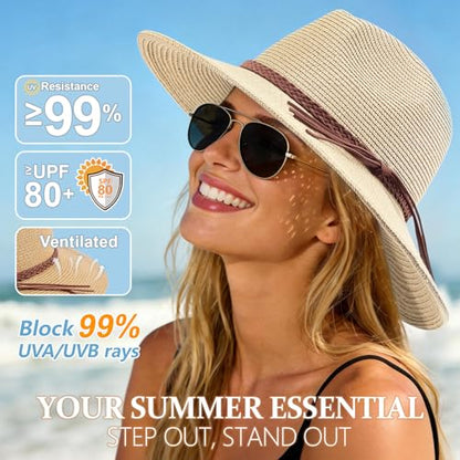 DRESHOW Women Straw Panama Hat Travel Fedora Beach Sun Hat Summer Wide Brim Straw Roll up Hat UPF 50+ - color: Straw Hat With Braided Band: Beige