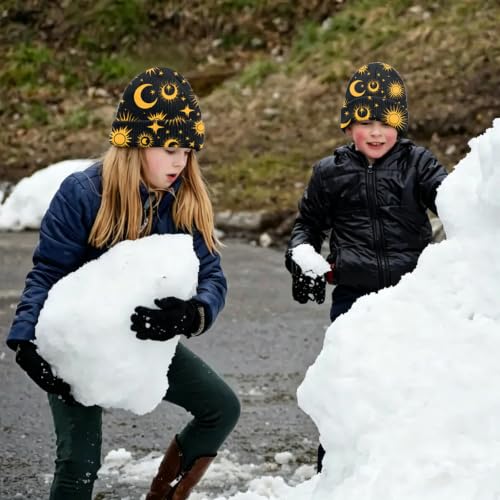 Kids Beanie Knit Hat Winter Unisex Cuffed Beanies Skull Cap Warm Double Layer Thick Acrylic Cute for Girls Boys - color: Sun Moon