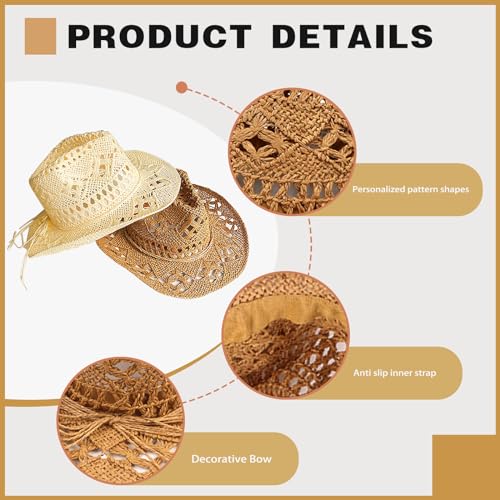 Straw Cowboy Hats for Women Men Western Cowgirl Hat Foldable Wide Brim Cowboy Hat Travel Vacation Beach Sun Hats - color: Khaki